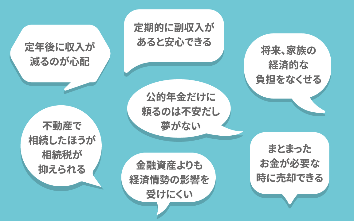人々の声:定年後に収入が減るのが心配 定期的に副収入があると安心できる 将来、家族の経済的な負担をなくせる 公的年金だけに頼るのは不安だし夢がない 不動産で相続したほうが相続税が抑えられる 金融資産よりも経済情勢の影響を受けにくい まとまったお金が必要な時に売却できる