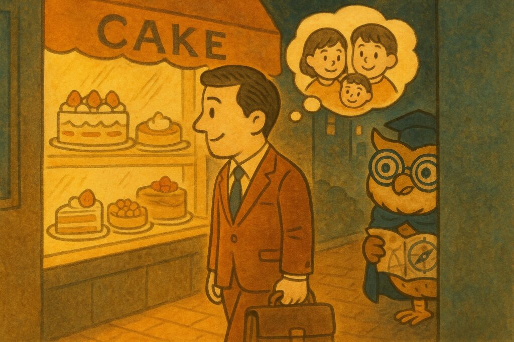 家族を思いお土産を買おうか悩む男